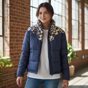 Women's Crazy Train Blue and White Puffer Jacket with Animal Print